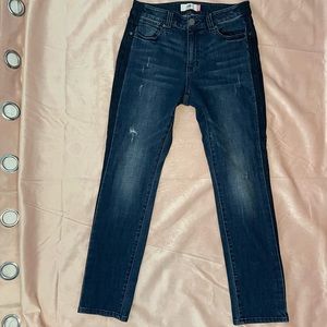 Cabi Tuxedo Side Stripe Distressed High Straight Jeans